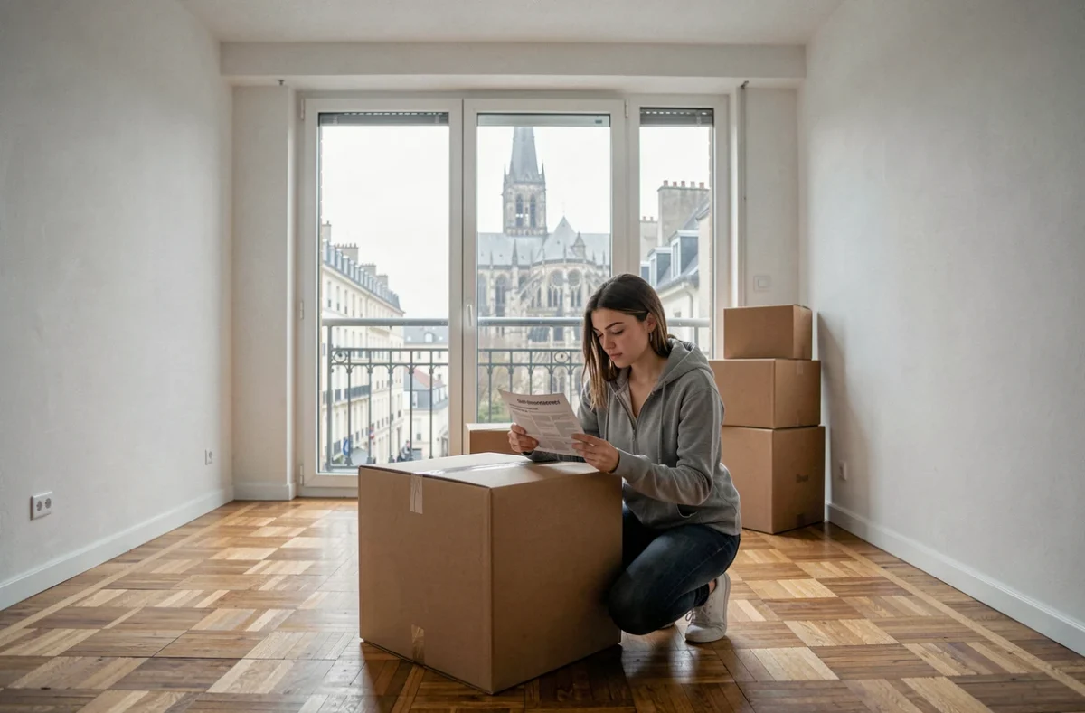 Jeune femme consultant une brochure d'assurance habitation dans un appartement vide à Reims