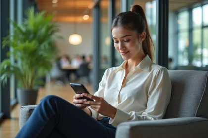 Jeune femme professionnelle utilisant son smartphone au bureau