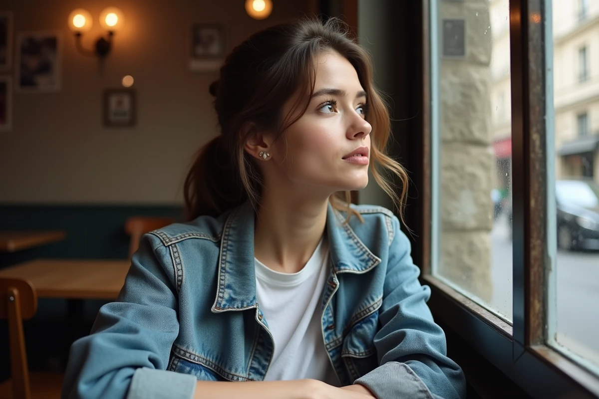 Jeune femme regardant par la fenêtre d