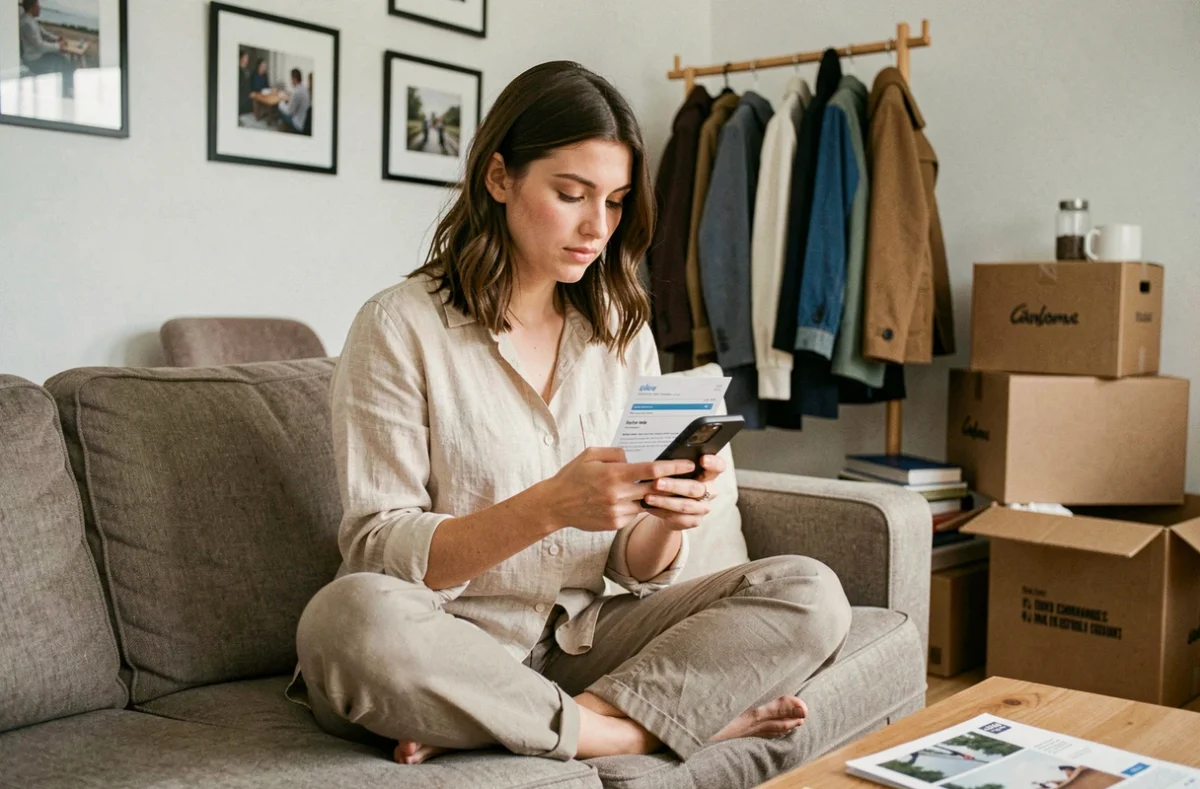 Jeune femme colocataire remplissant un formulaire de devis assurance habitation en ligne sur son smartphone dans le salon