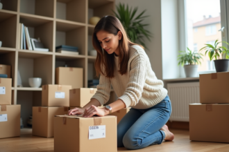 Jeune femme emballant un carton dans un intérieur organisé