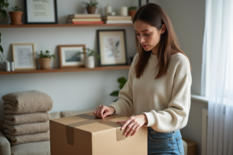 Jeune femme emballant une boîte en carton dans son salon organisé