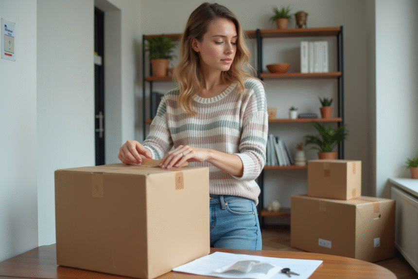 Jeune femme emballant une boîte dans un appartement
