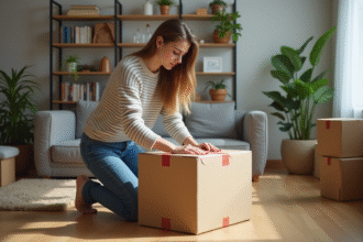 Jeune femme emballant une boîte dans un appartement cosy