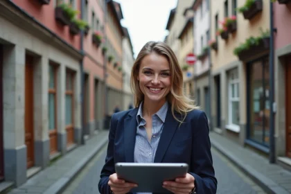 Jeune femme souriante avec tablette d'immobilier à Strasbourg
