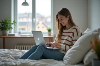 Jeune femme assise sur son lit dans une chambre étudiante moderne