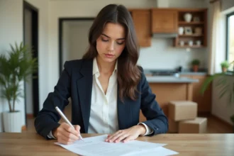 Jeune femme en blazer examine documents de location
