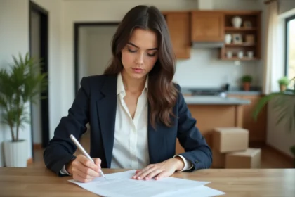 Jeune femme en blazer examine documents de location