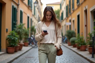 Jeune femme à Montpellier regardant une carte sur son téléphone
