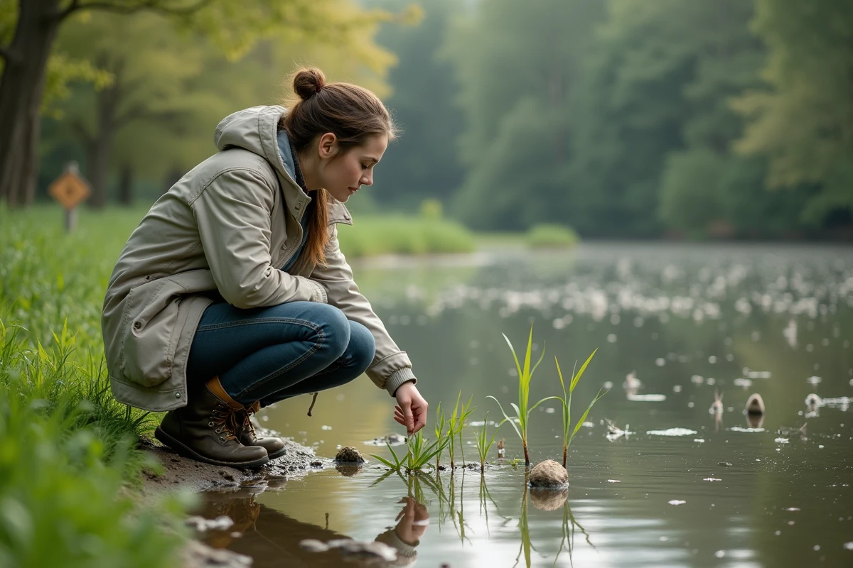Jeune femme inspectant des plantes aquatiques près d