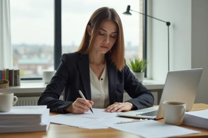 Jeune femme rédigeant un CV dans un appartement moderne