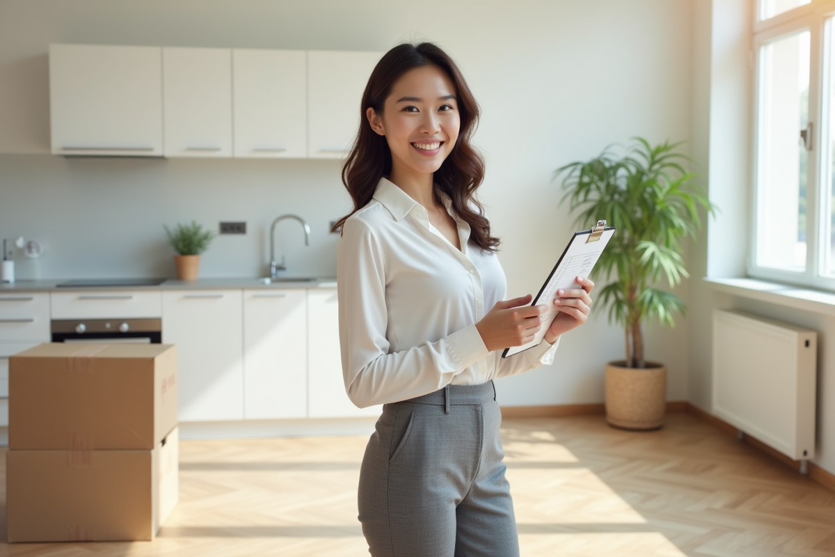 Jeune femme souriante vérifiant un inventaire dans un studio rénové