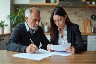 Jeune femme vérifiant des documents de location avec son père dans un appartement lumineux