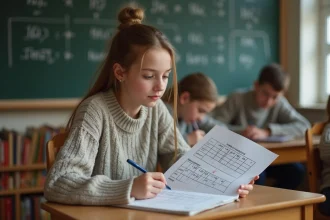 Jeune fille au bureau scolaire consulte un tableau de conversion hectares