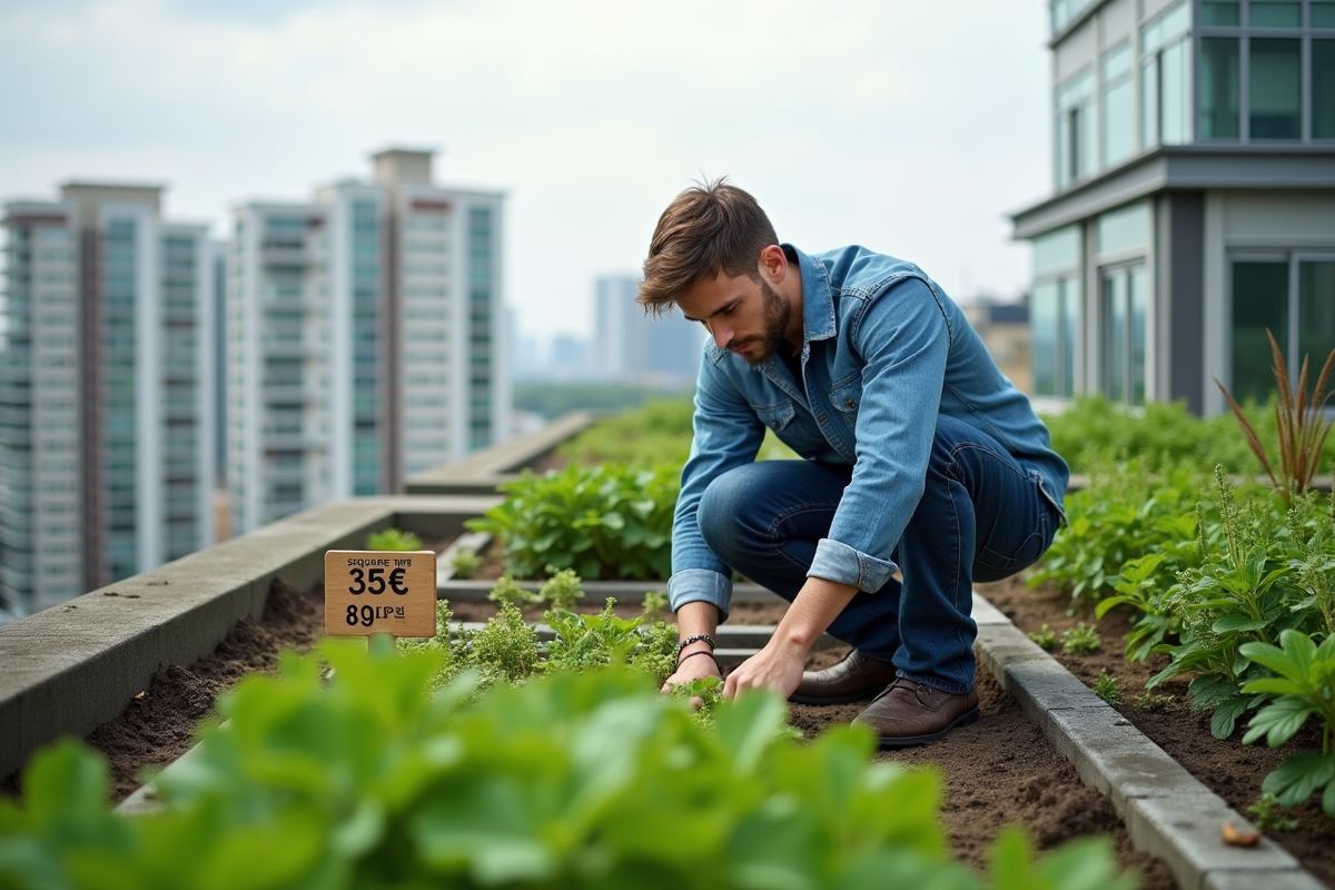 Jeune homme en jeans et chemise bleue entretenant un jardin sur le toit