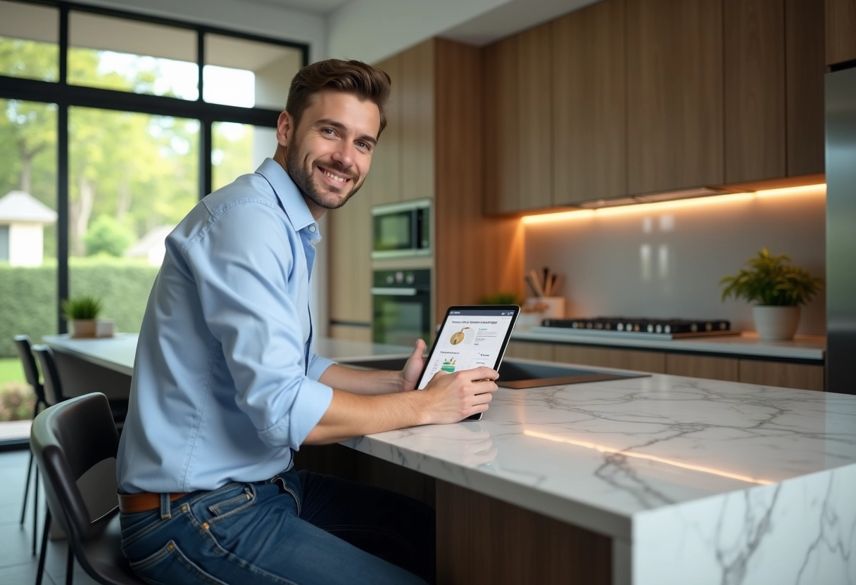 Jeune homme en casual consulte une tablette dans la cuisine moderne
