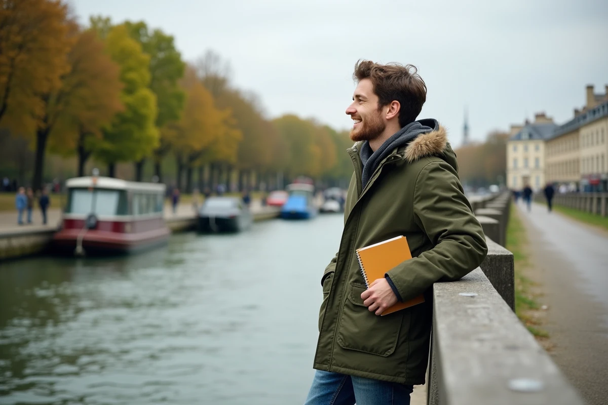 Jeune homme en parka vert au bord de la Seine