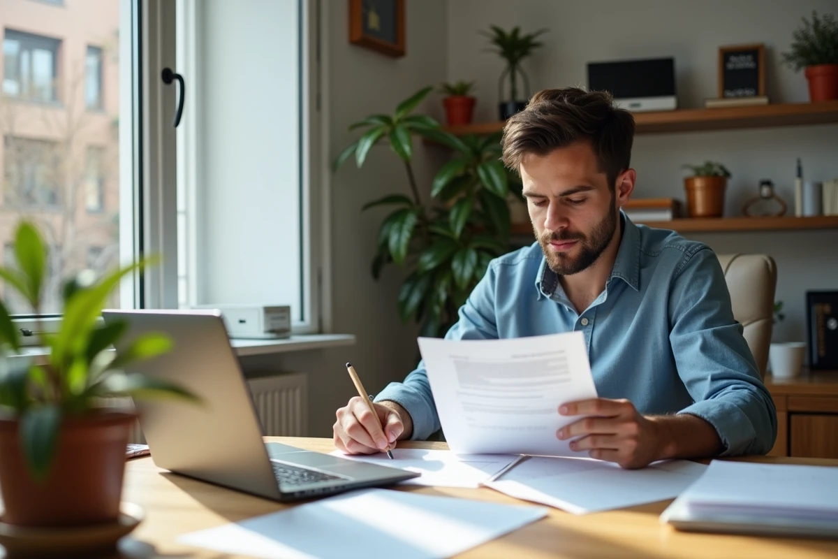 Jeune homme travaillant dans un bureau lumineux avec papiers et ordinateur