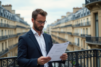Jeune homme d'affaires sur balcon parisien consultat documents