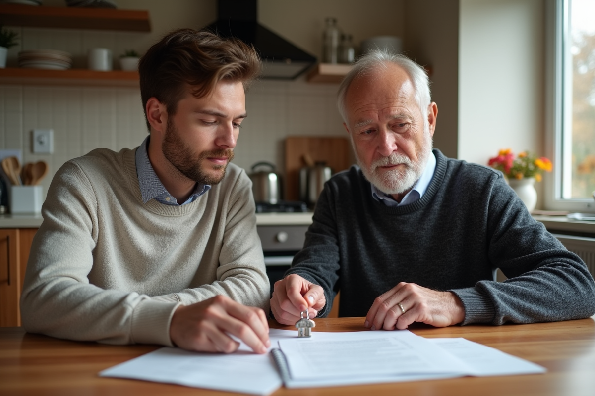 Jeune et vieux discutant d un contrat dans une cuisine chaleureuse