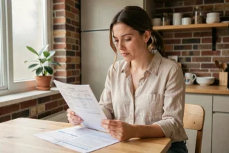 Locataire lisant son contrat d'assurance appartement à la table de sa cuisine moderne