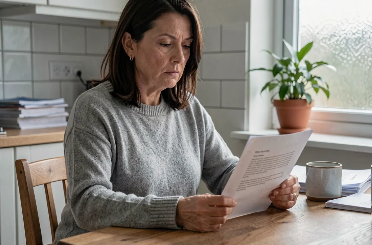 Locataire lisant attentivement un courrier de congé pour reprise ou vente envoyé par son propriétaire