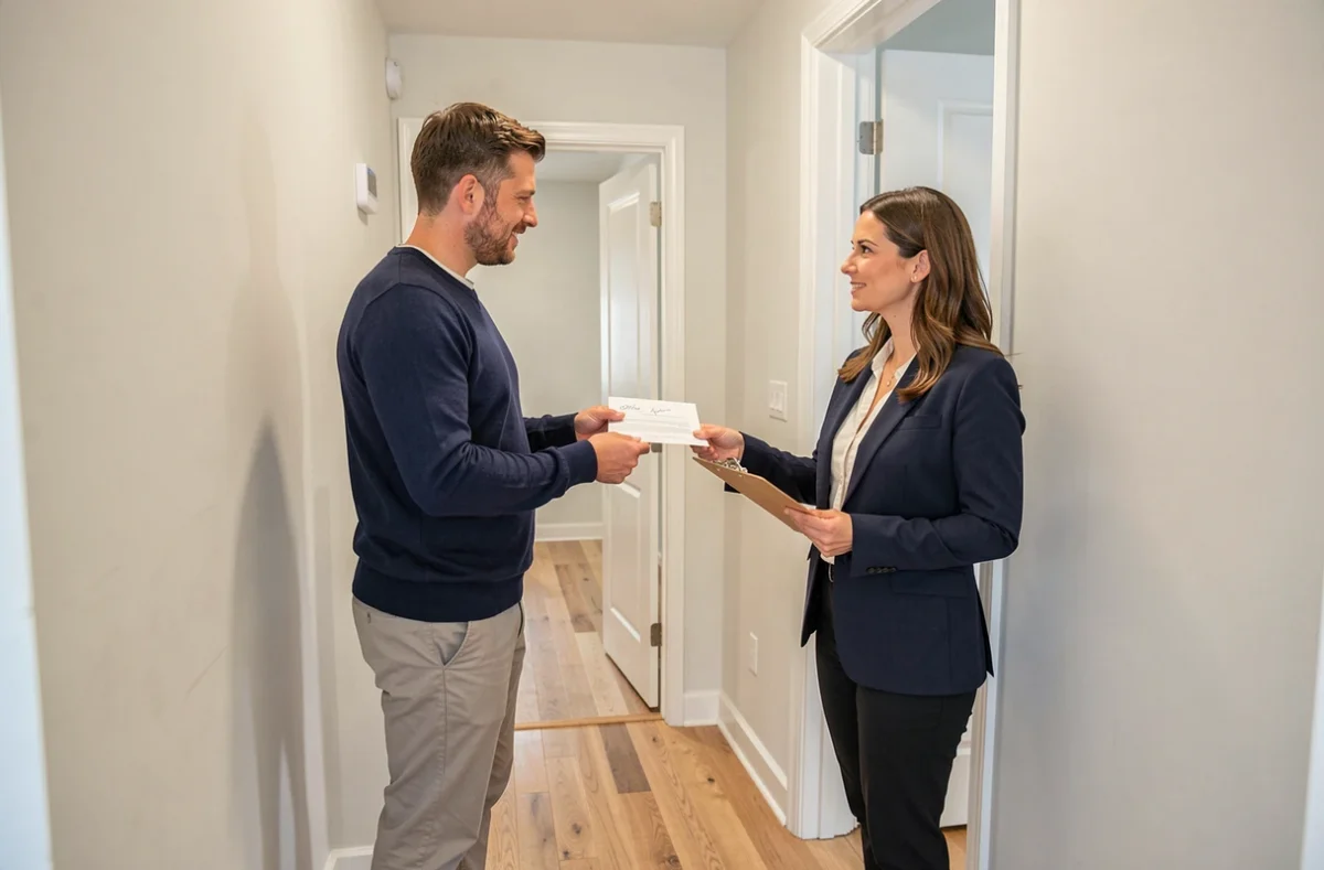 Locataire remettant un document d'assurance habitation à une agente immobilière dans le couloir d'un appartement
