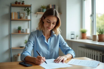 Locataire remplissant le formulaire APL bailleur à la table de sa cuisine dans un appartement modeste