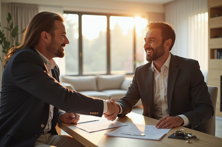 Propriétaire et locataire se serrant la main dans un salon lumineux