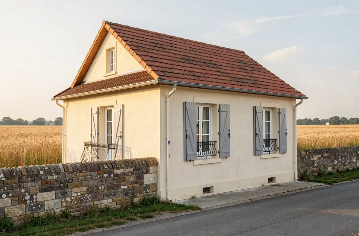 Maison Laure élégante avec toit en tuiles terracotta et balcon en fer forgé, bordée de champs dans l'Indre