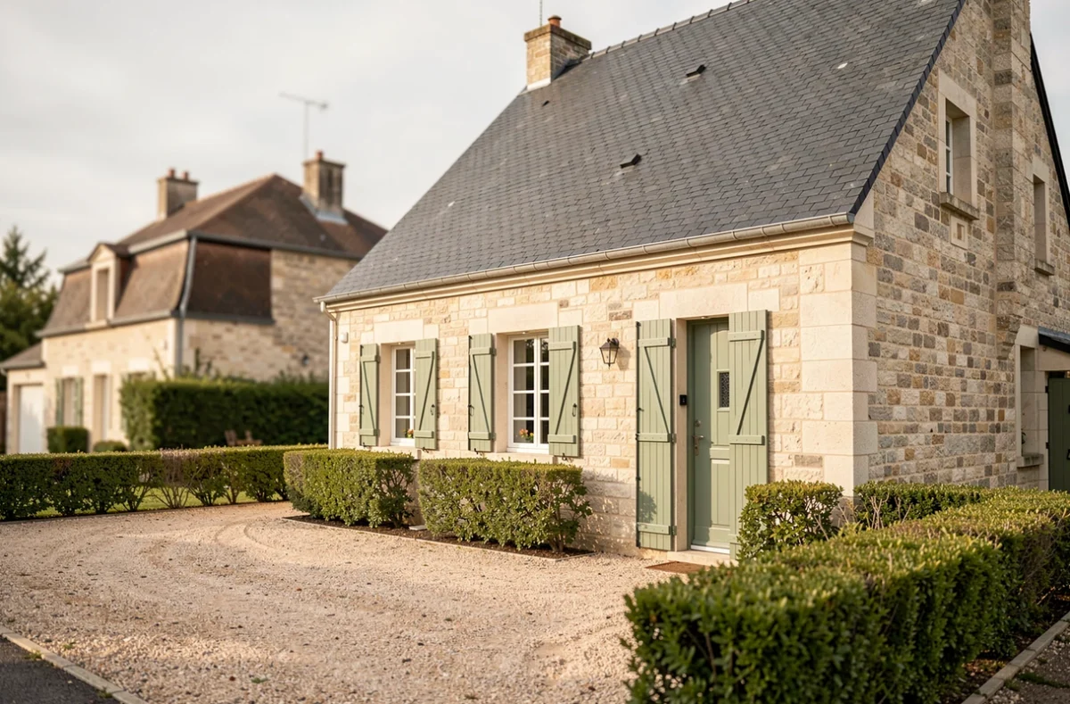 Maison TRADI ATLAS avec façade en pierre claire et volets verts, située dans un quartier pavillonnaire de l'Indre