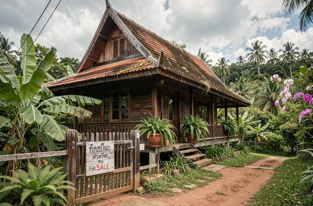Maison traditionnelle thaïlandaise en bois avec panneau à vendre sur une colline verdoyante à Koh Samui