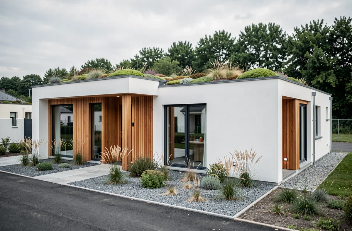 Maison Concepts contemporaine avec bardage bois, toit végétalisé et jardin minimaliste dans l'Indre