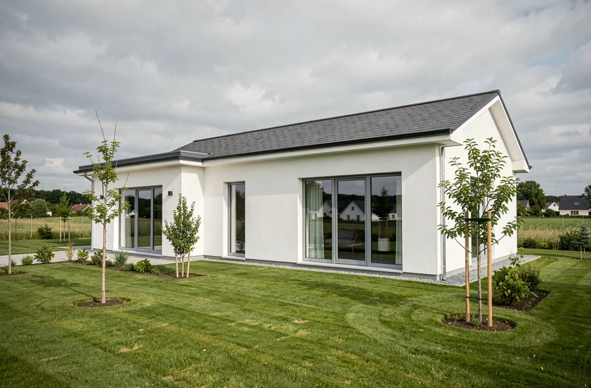 Maison Ericlor aux lignes modernes avec grandes fenêtres et toit à faible pente, dans un quartier résidentiel du Berry