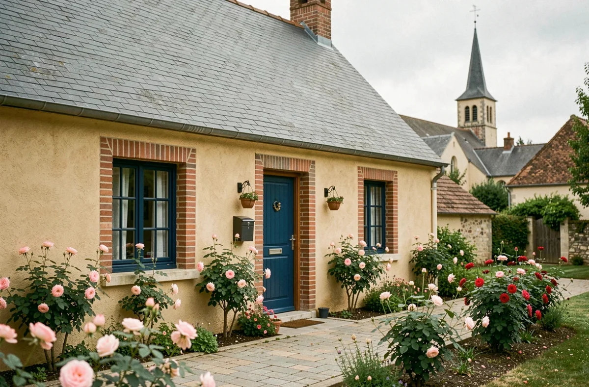Maison Lelièvre avec façade beige, toit ardoise et jardin fleuri dans un village de l'Indre