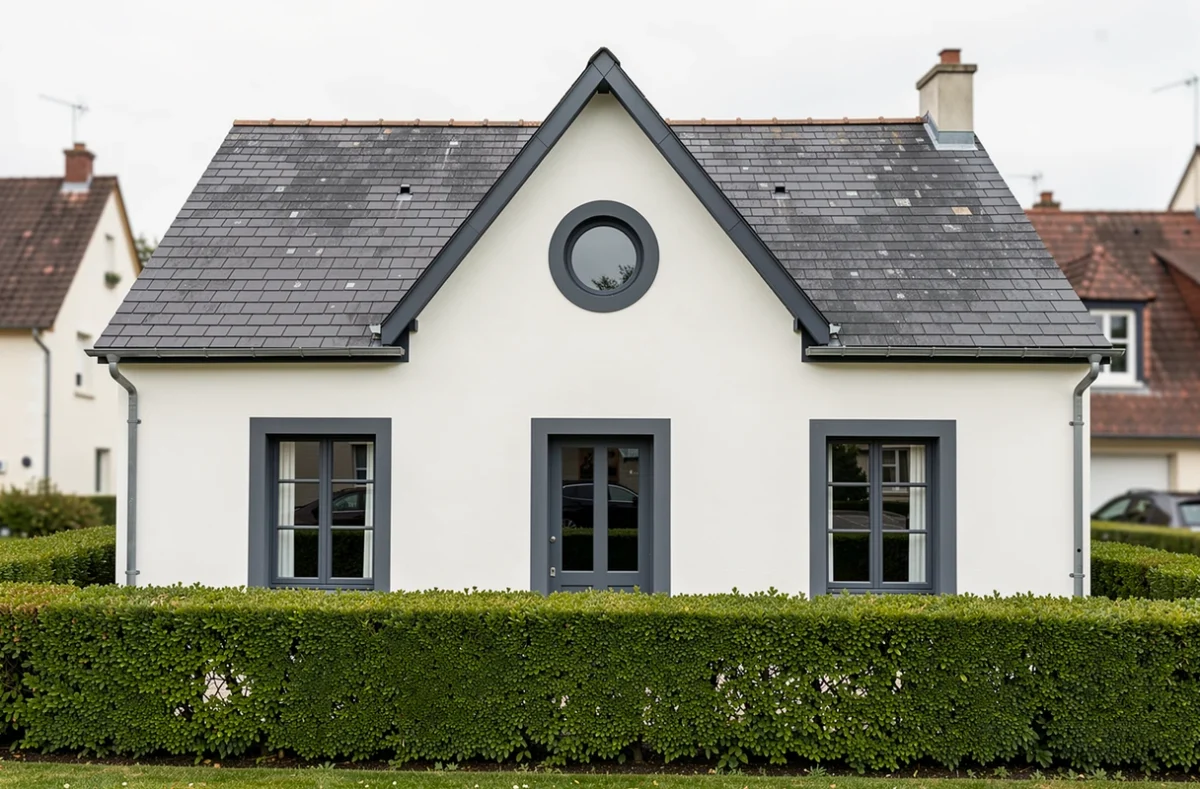 Maison Pierre à façade blanche symétrique avec pignon central et haie buis taillée dans un lotissement de l'Indre
