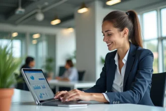 Mandataire SAFTI découvrant le tableau de bord Omegasafti sur une tablette numérique dans une agence immobilière moderne