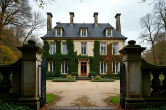 Manoir français du XIXe siècle à vendre à 1 euro symbolique avec façade en pierre envahie par le lierre et jardin à l'abandon