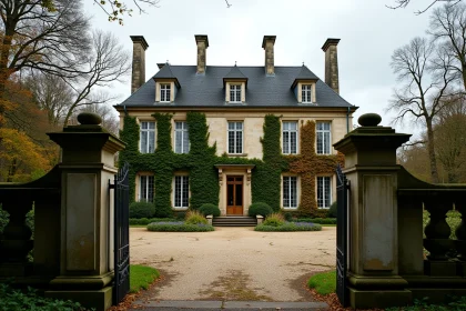 Manoir français du XIXe siècle à vendre à 1 euro symbolique avec façade en pierre envahie par le lierre et jardin à l'abandon