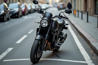 Moto noire garée dans un emplacement de parking délimité avec marquage au sol visible en milieu urbain
