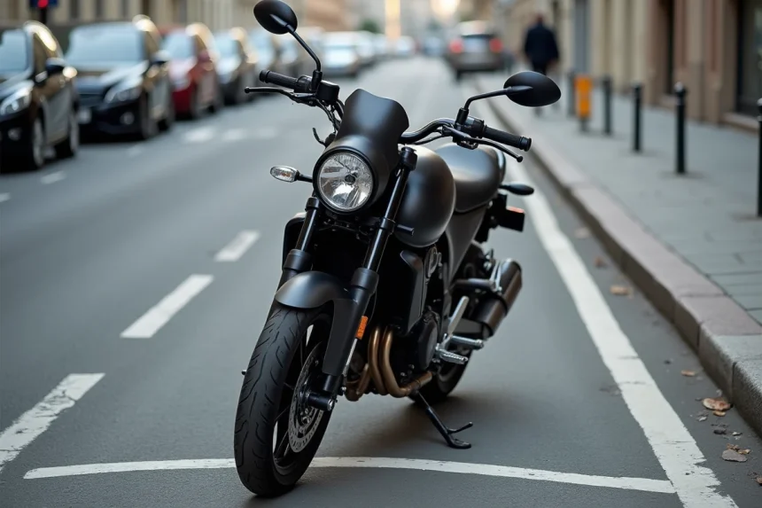 Moto noire garée dans un emplacement de parking délimité avec marquage au sol visible en milieu urbain