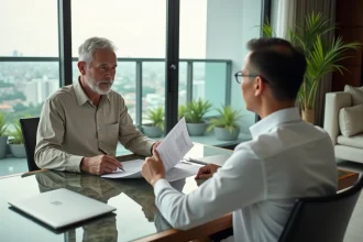 Un homme occidental négocie le prix d'un condo avec une agent immobilière thaïlandaise dans un appartement moderne à Chiang Mai