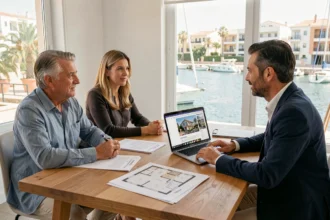 Couple négociant une vente d'appartement avec une agence immobilière locale à Empuriabrava autour d'une table de réunion avec documents et plan de bien