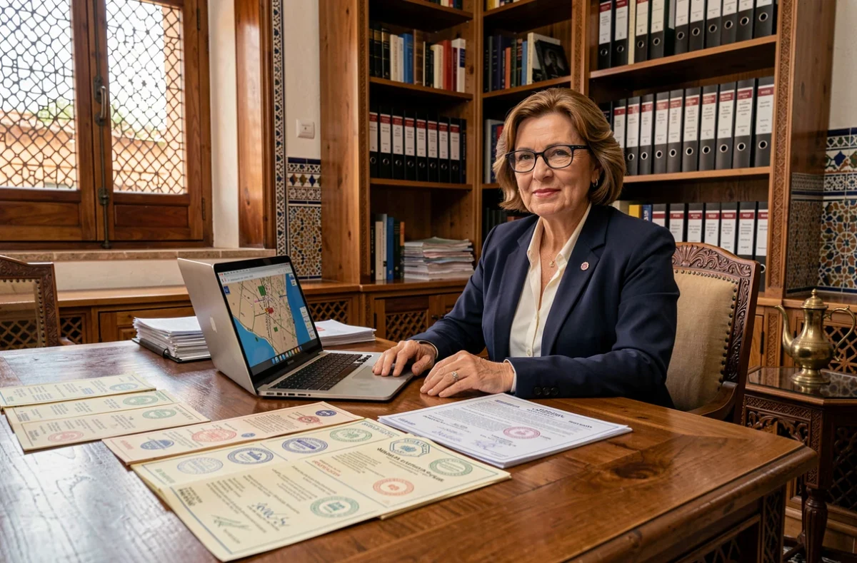 Notaire marocaine dans son bureau avec des actes de propriété lors d'une vente de villa à Marrakech