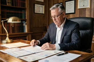 Notaire en costume navy assis à son bureau en chêne examinant des documents immobiliers dans une étude notariale traditionnelle