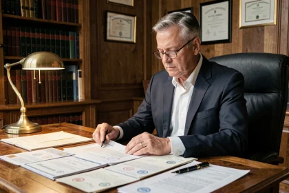 Notaire en costume navy assis à son bureau en chêne examinant des documents immobiliers dans une étude notariale traditionnelle