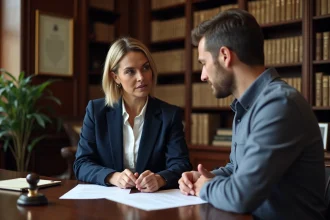 Notaire femme en consultation avec un client dans un bureau juridique classique rempli de livres de droit