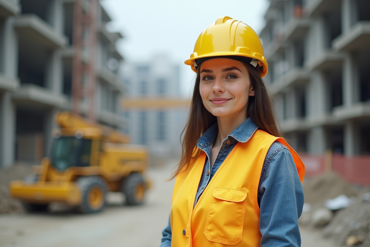 Femme ouvriere en casque sur un chantier actif