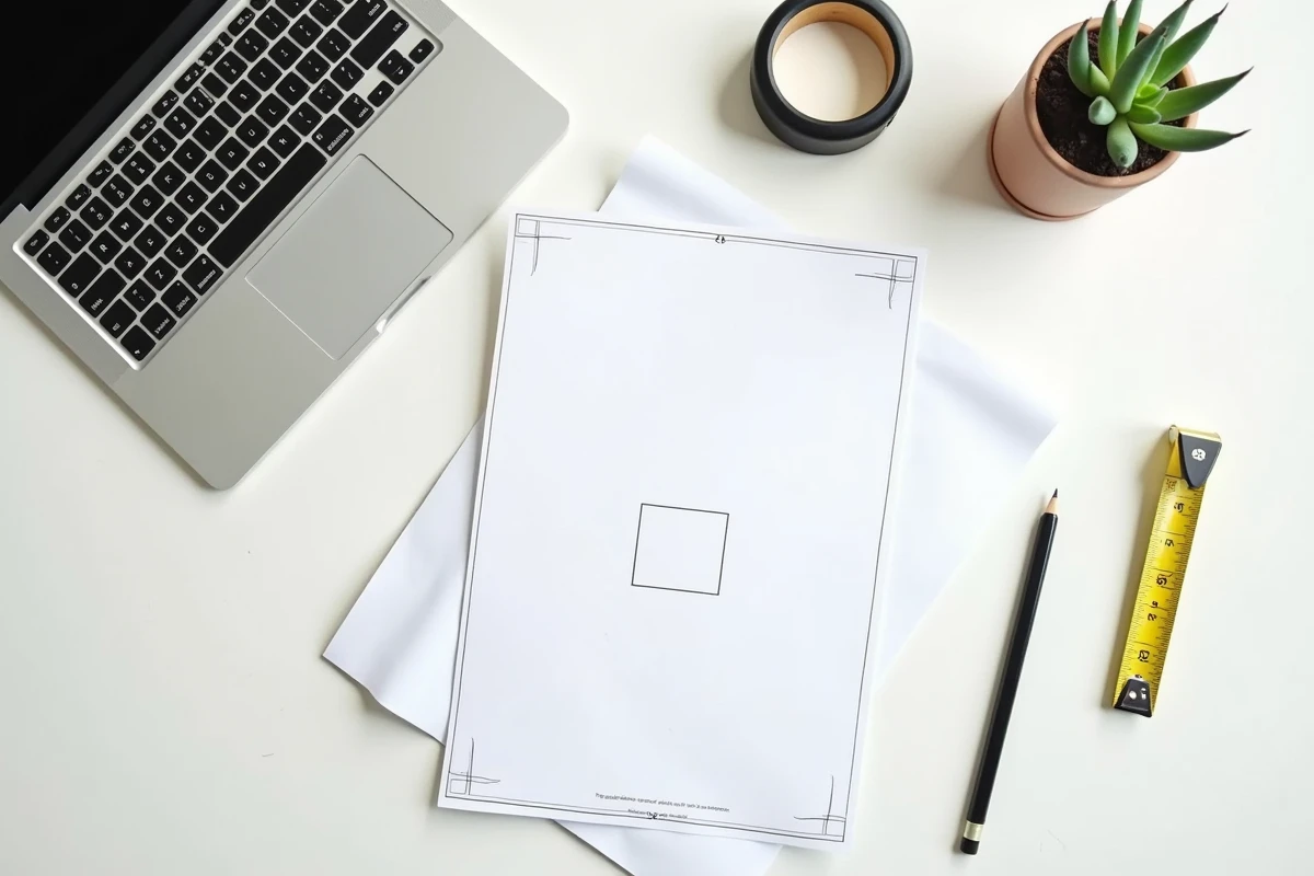 Panneau de déclaration de travaux imprimé posé sur une table avec un ordinateur ouvert sur Canva