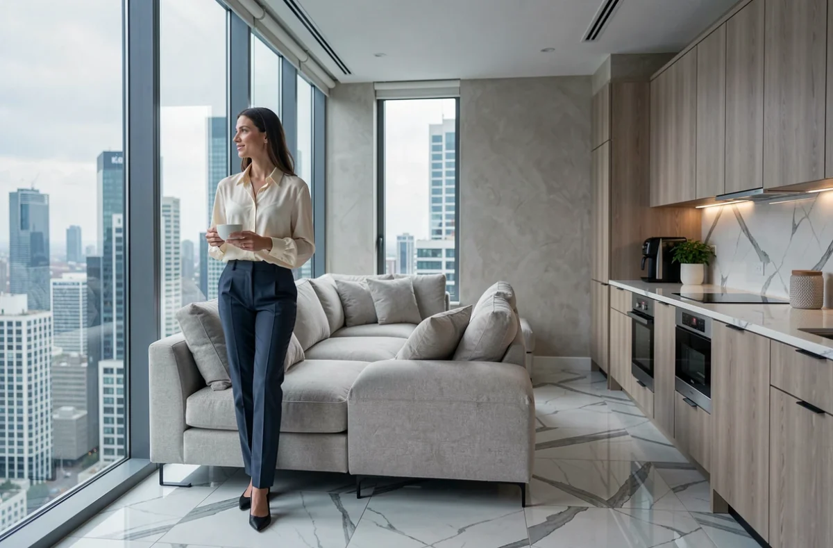 Intérieur haut de gamme d'un penthouse avec baies vitrées et vue dégagée sur la métropole